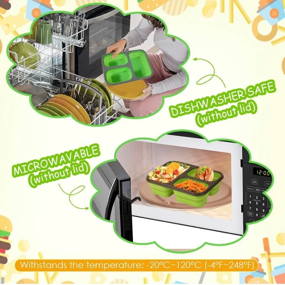2sets Eco one Silicone Bento Box,Lunch Box storage organizer with 3 Compartments
